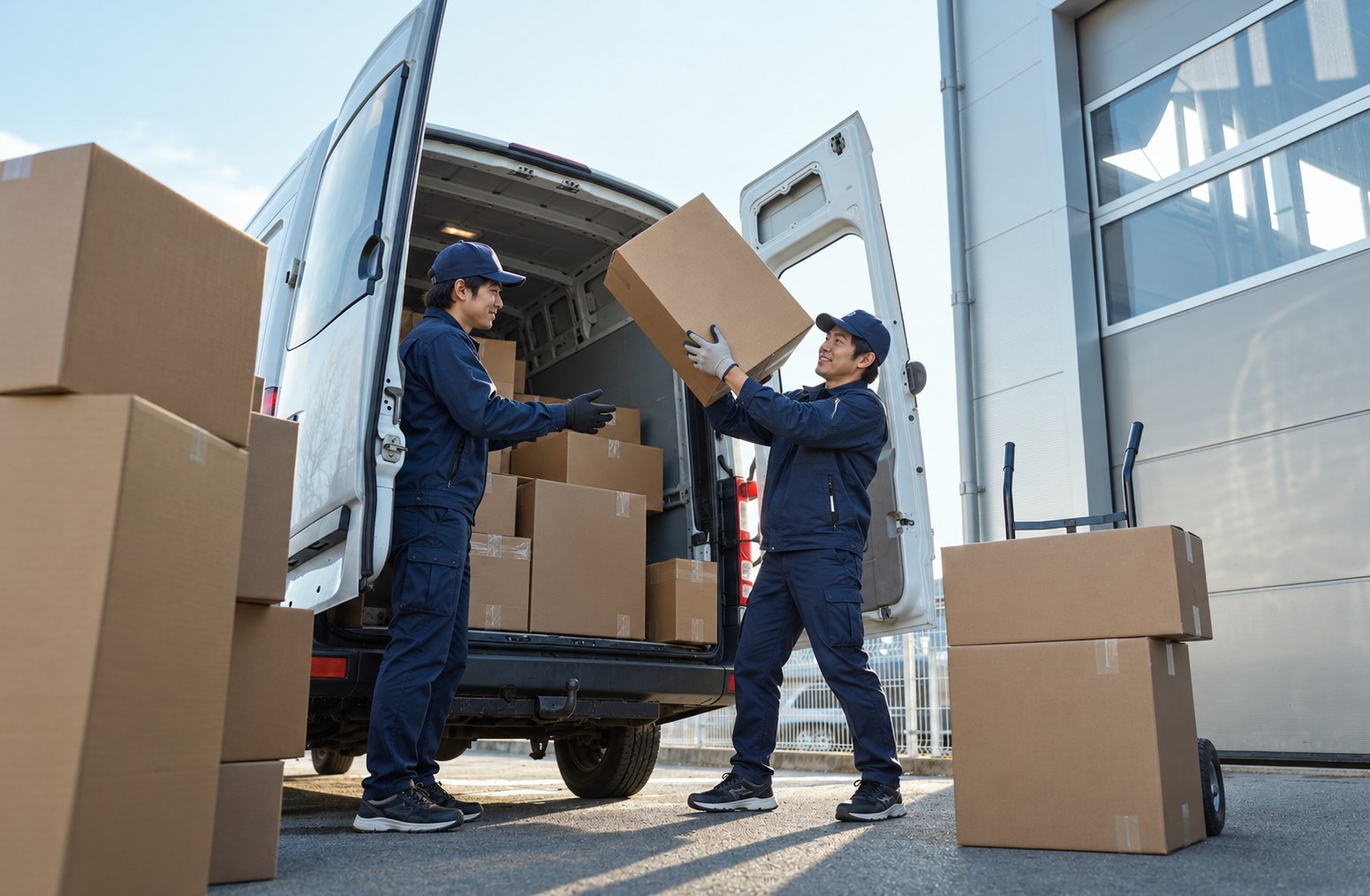 配送車の荷物を積み込む日本人男性スタッフ