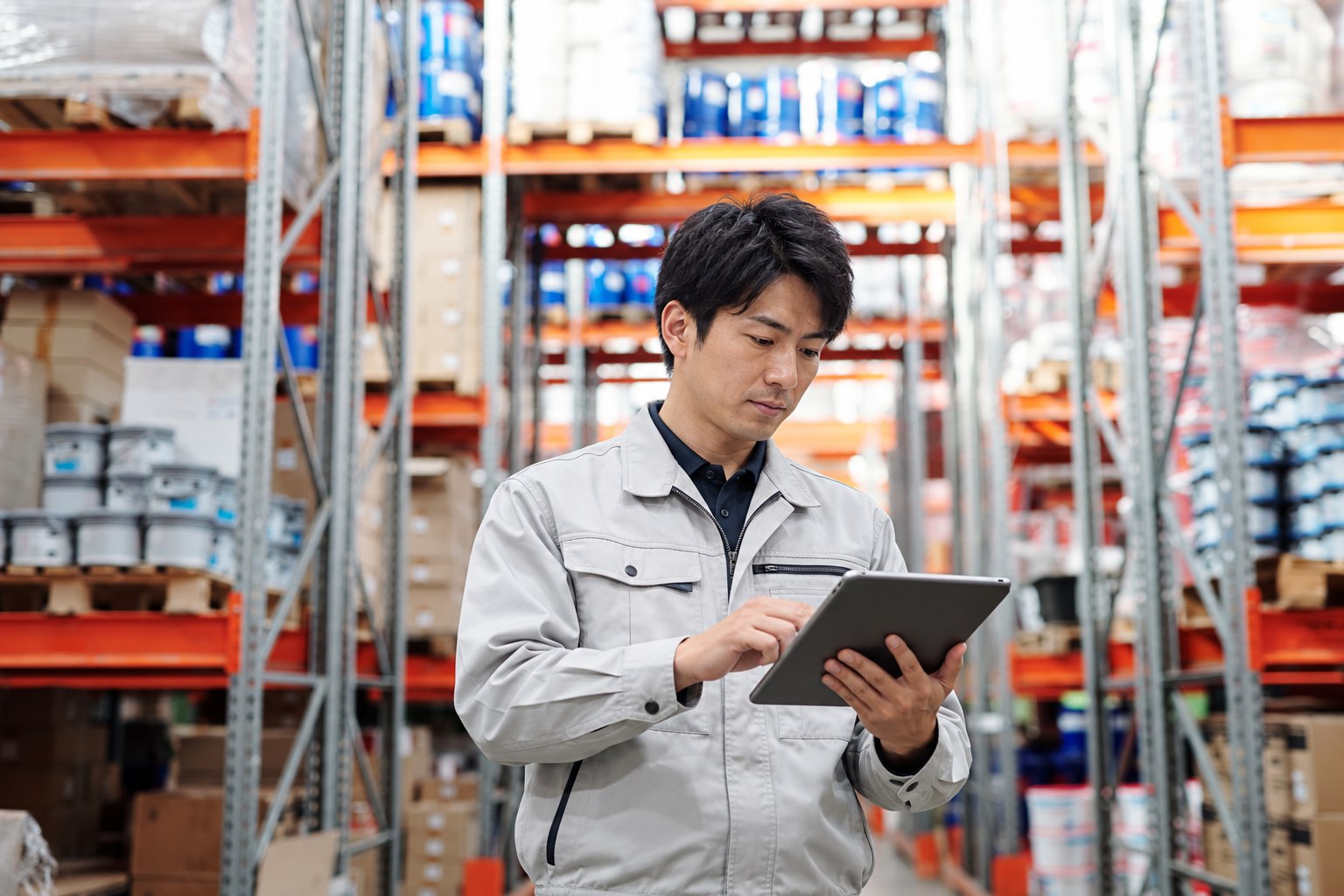 倉庫でタブレットを確認する日本人男性スタッフ