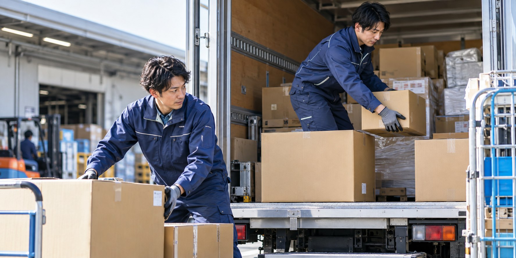 配送トラックに荷物を積み込む日本人男性ドライバー
