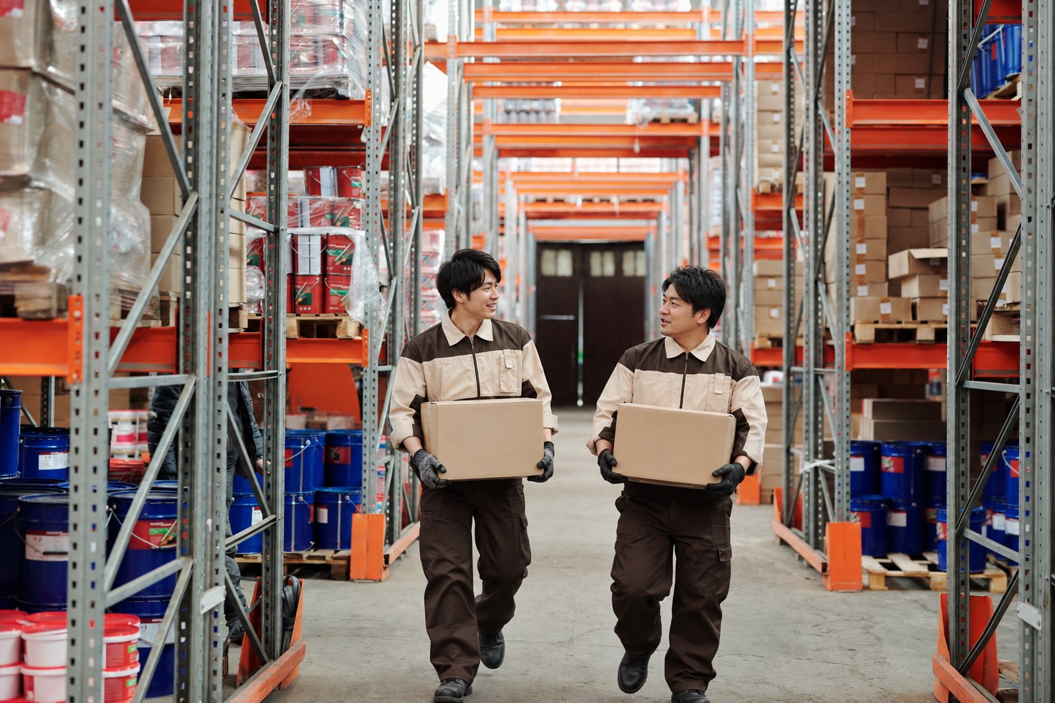 倉庫の通路で荷物を運ぶ日本人男性スタッフ
